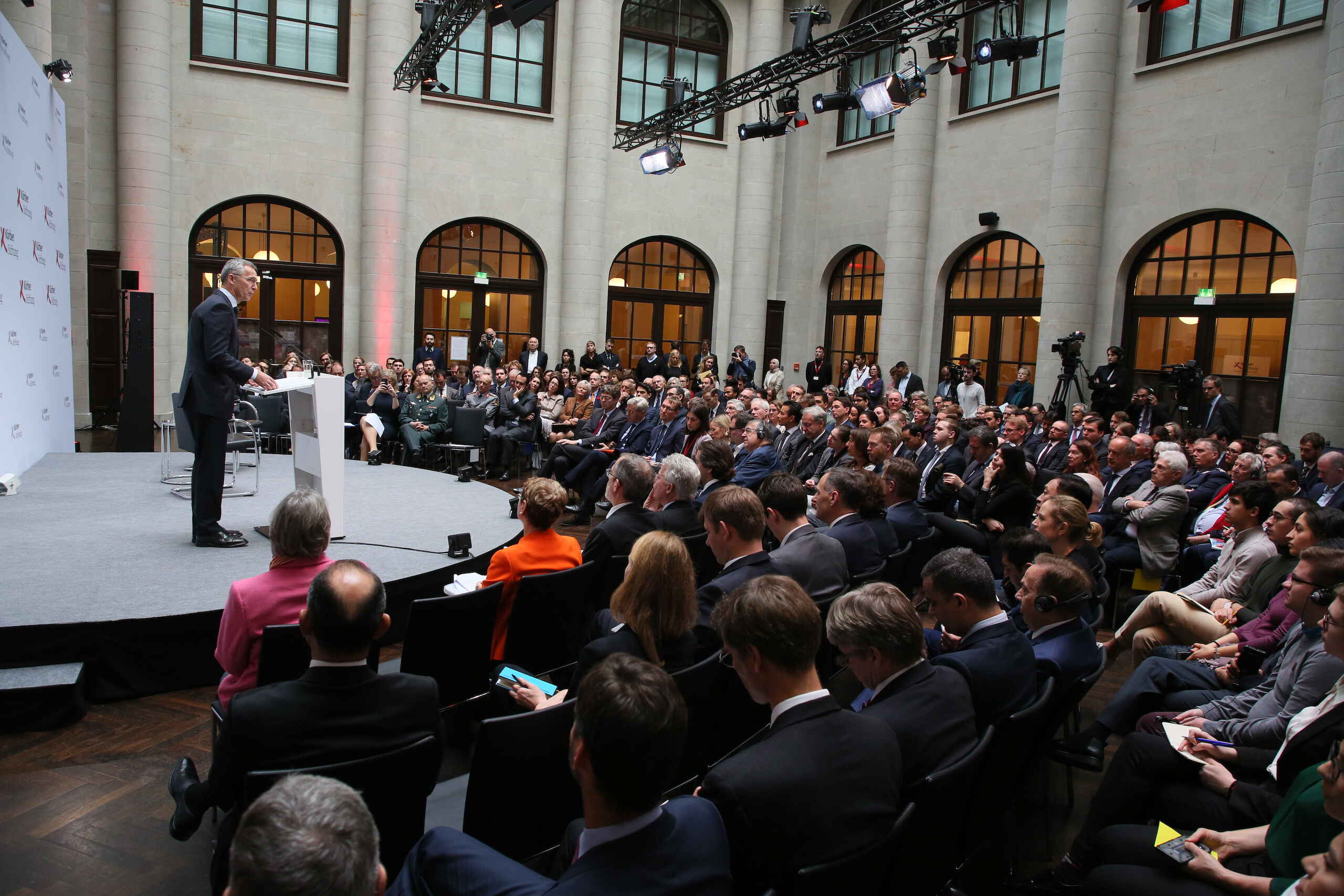 NATO Secretary General Jens Stoltenberg with audience at Humboldt Carré Berlin,  November 7, 2019