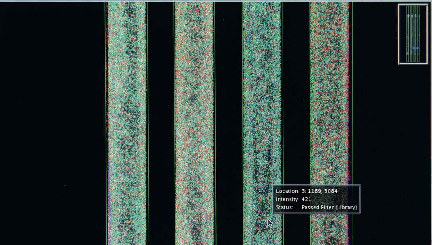 Technische Akkordarbeit: Um das Genom möglichst schnell analysieren zu können, bestimmt ein Hochdurchsatz-Sequenzierer die Basen-Abfolge in Milliarden DNA-Fragmenten gleichzeitig. Die Basen werden dabei als Lichtpunkte in unterschiedlicher Farbe sichtbar gemacht.