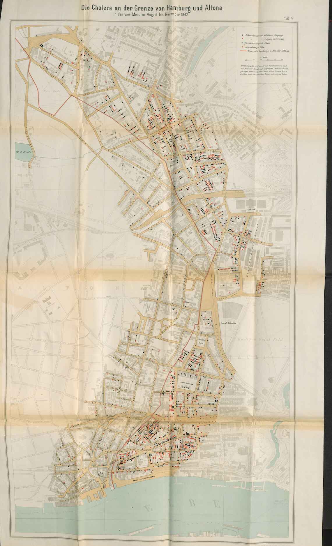 Eine Grenze entlang der Elbe: Während der Cholera-Epidemie 1892  markierte die Grenze zwischen Altona und Hamburg für viele den  Unterschied zwischen Leben und Tod. In Hamburg starben deutlich  mehr Menschen an den Folgen der Krankheit