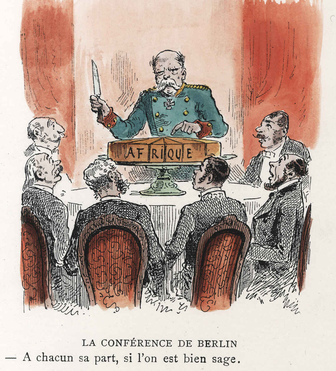 Diese französische Karikatur von 1885 zeigt  Reichskanzler Bismarck bei der willkürlichen  Aufteilung afrikanischer Länder durch  europäische Kolonialmächte